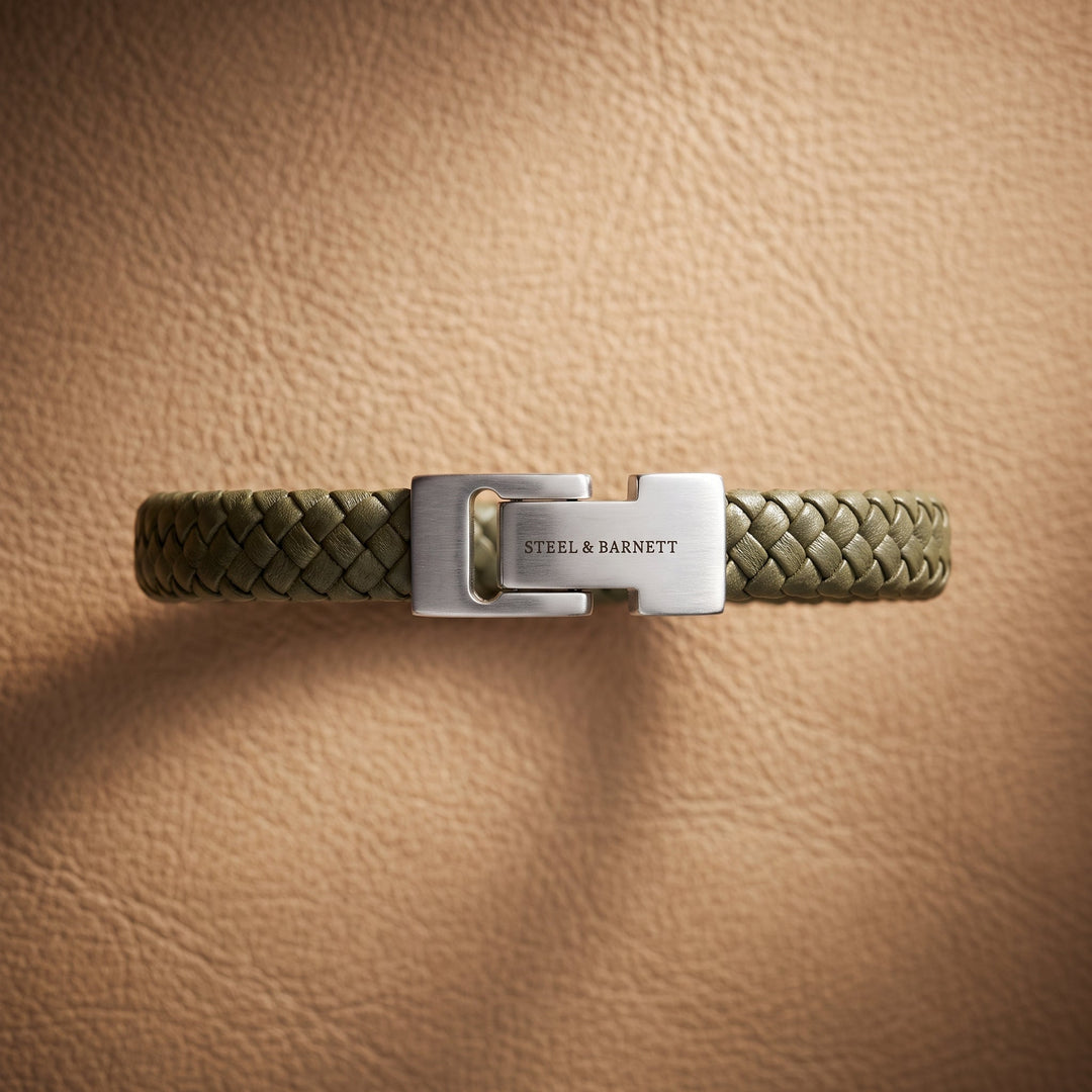 Niche Jewellery Steel & Barnett olive green braided nappa leather bracelet with stainless steel magnetic clasp