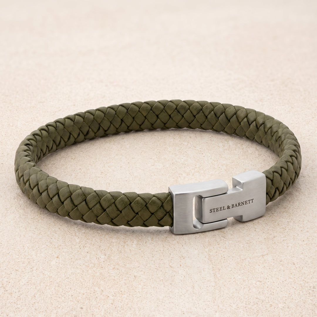 Niche Jewellery Steel & Barnett olive green braided nappa leather men's bracelet with stainless steel magnetic clasp