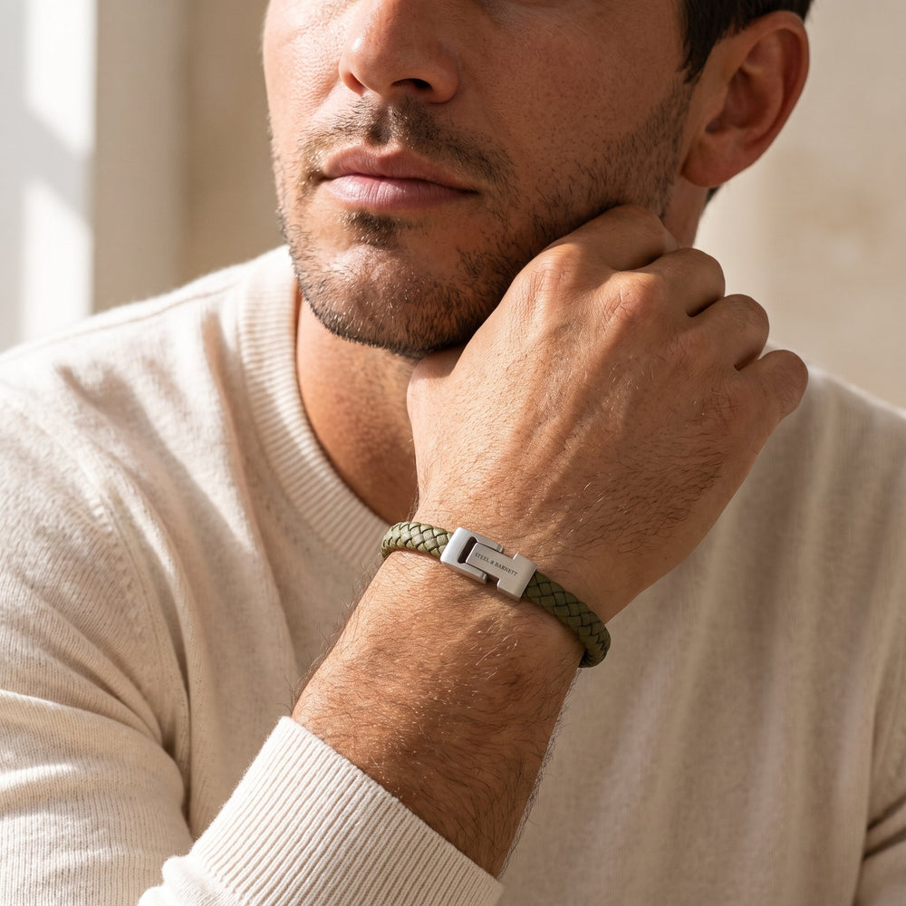 Niche Jewellery Steel & Barnett olive green braided nappa leather bracelet with stainless steel magnetic clasp