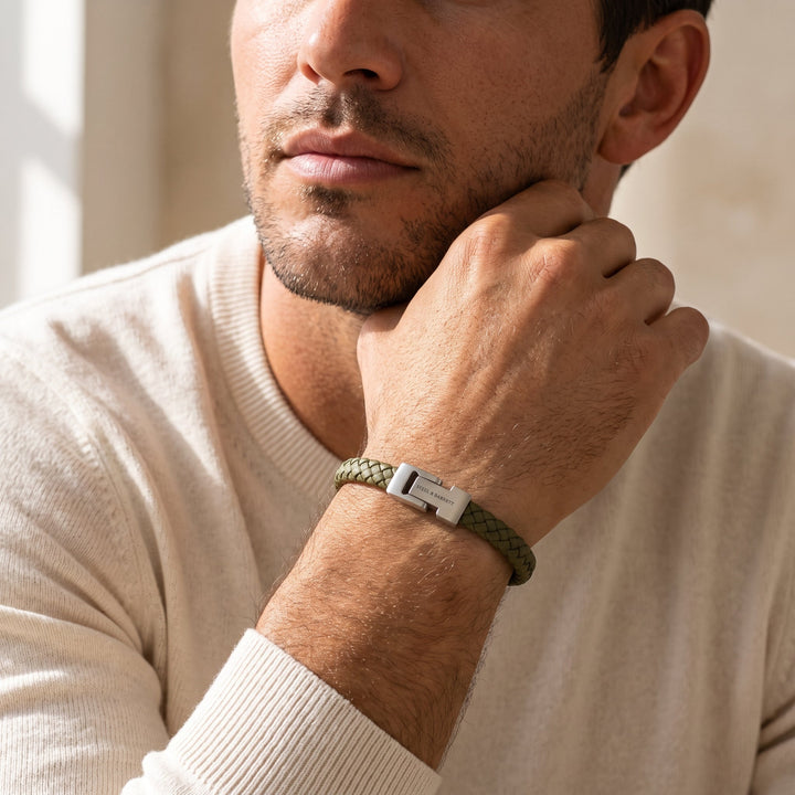 Niche Jewellery Steel & Barnett olive green braided nappa leather bracelet with stainless steel magnetic clasp