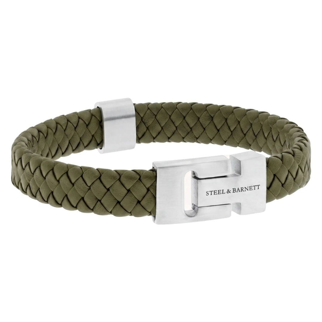 Niche Jewellery Steel & Barnett olive green thick braided nappa leather bracelet with stainless steel clasp