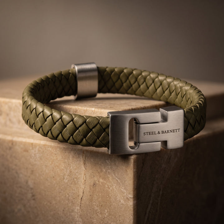 Niche Jewellery Steel & Barnett thick braided olive green nappa leather bracelet with brushed stainless steel clasp.