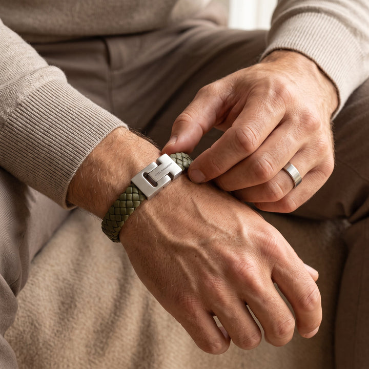 Niche Jewellery Steel & Barnett olive green braided nappa leather bracelet with brushed stainless steel clasp on wrist