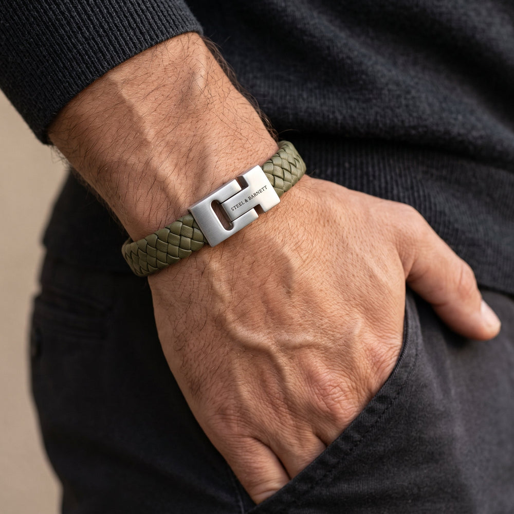 Niche Jewellery Steel & Barnett olive green braided nappa leather bracelet with a brushed stainless steel clasp