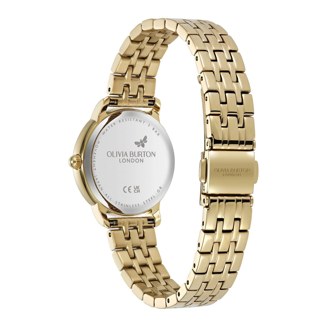 Niche Jewellery Olivia Burton Westbourne watch showing the gold-tone bracelet strap and engraved case back
