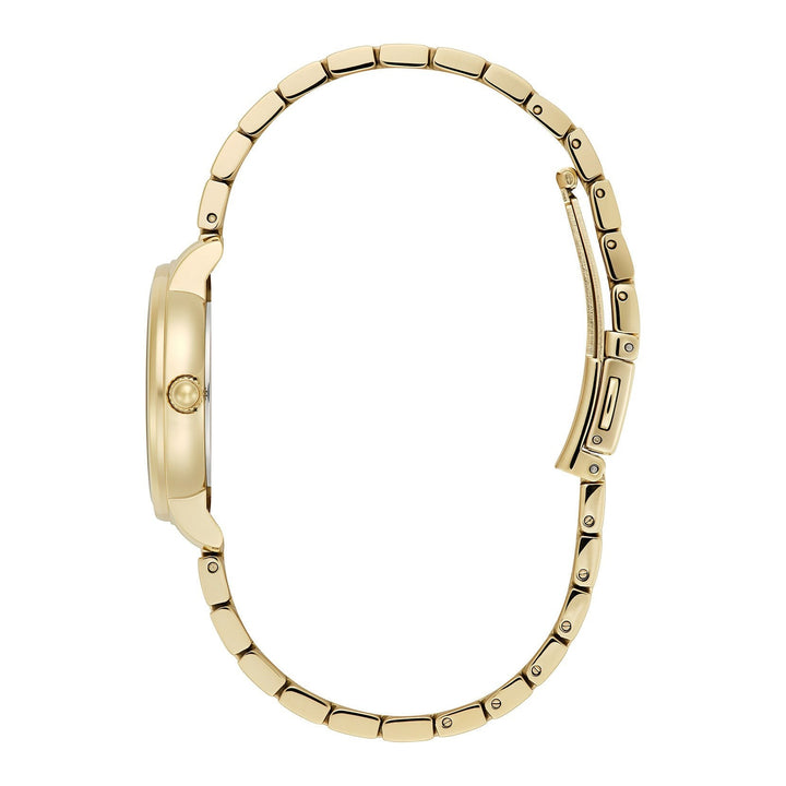 Niche Jewellery Olivia Burton Westbourne watch featuring a gold-tone bracelet strap and 30mm case, side profile view.