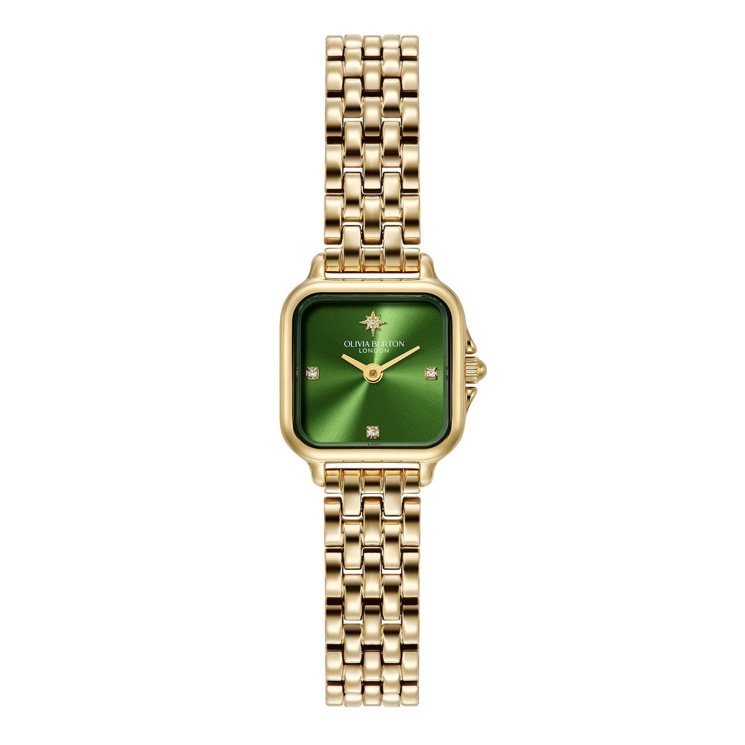 Niche Jewellery Olivia Burton Mini Grosvenor watch with a deep green dial, gold-tone bracelet, and crystal markers.