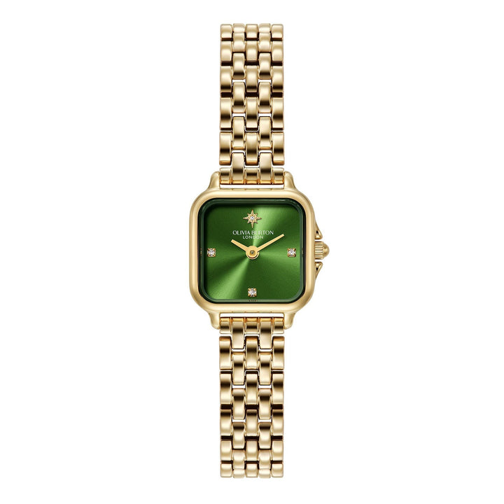Niche Jewellery Olivia Burton Mini Grosvenor watch with a deep green dial, gold-tone bracelet, and crystal markers.