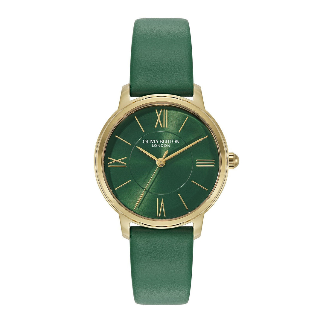 Niche Jewellery Olivia Burton Westbourne watch with a gold-tone case and deep green leather strap.