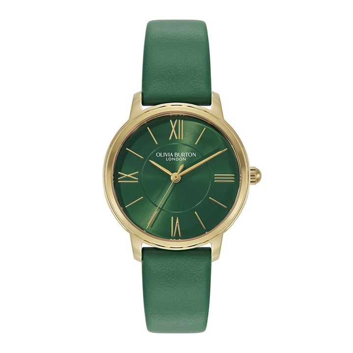 Niche Jewellery Olivia Burton Westbourne watch with a gold-tone case and deep green leather strap.