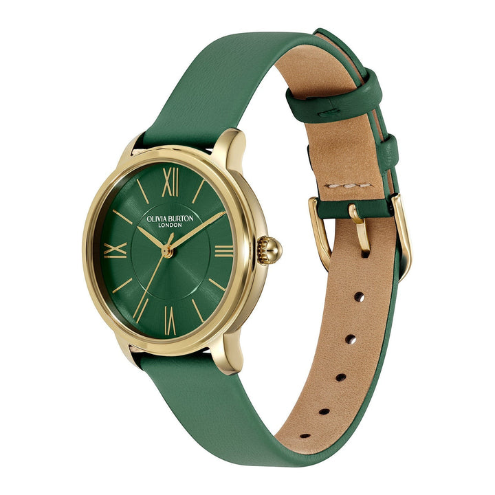 Niche Jewellery Olivia Burton Westbourne watch with a gold-tone case and deep green leather strap