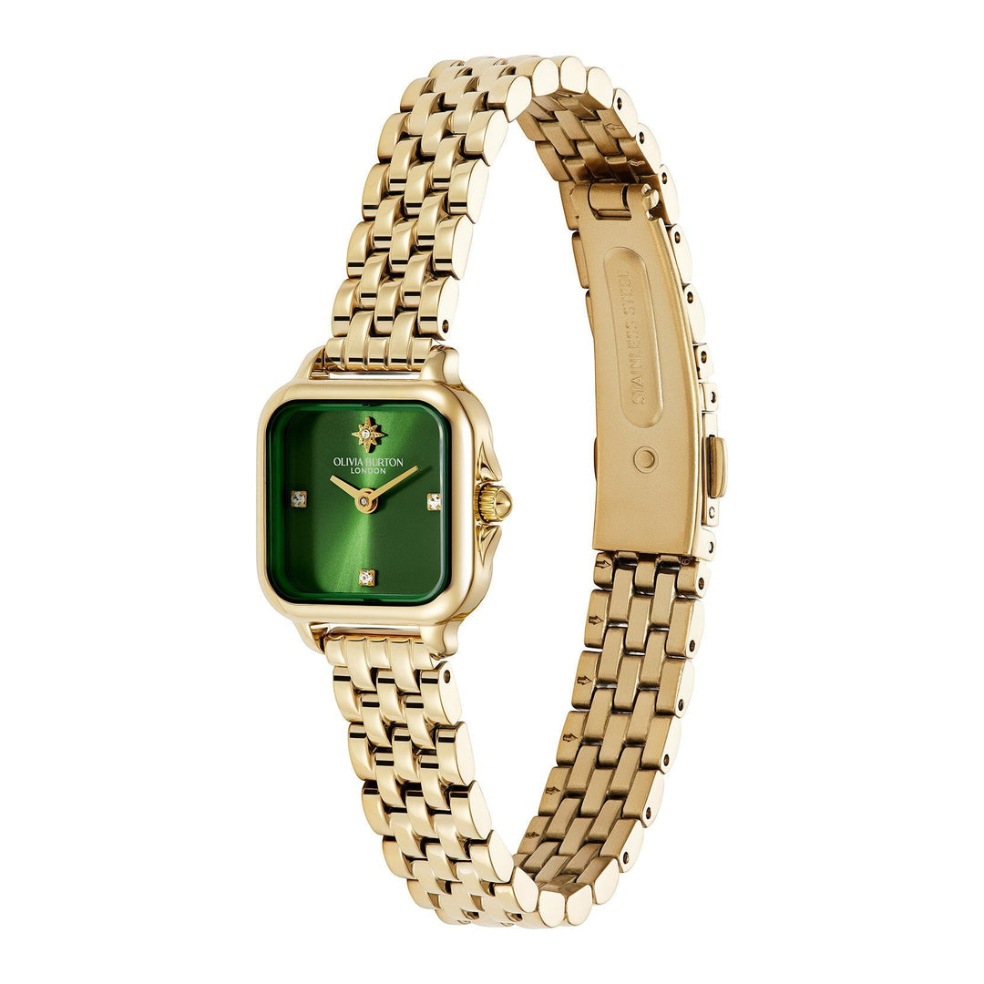 Niche Jewellery Olivia Burton Mini Grosvenor watch with a deep green dial, gold-tone case, and bracelet strap.