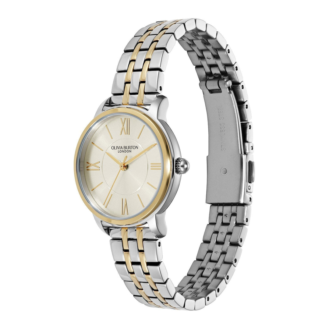 Niche Jewellery Olivia Burton Westbourne watch with a white dial and two-tone silver and gold stainless steel strap.
