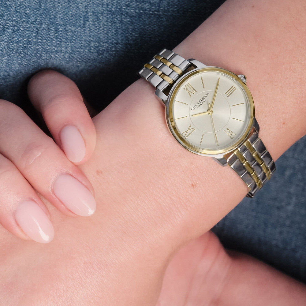 Niche Jewellery Olivia Burton Westbourne watch with a white dial and two-tone silver and gold metal bracelet