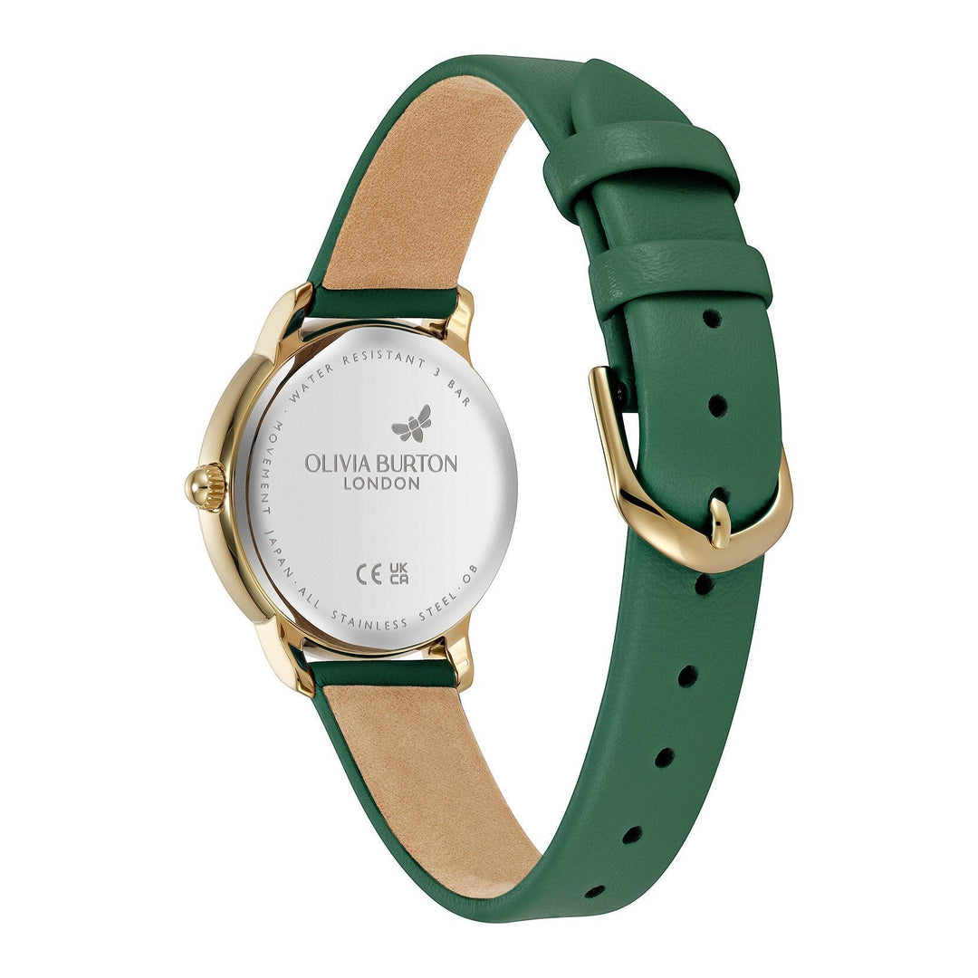 Niche Jewellery Olivia Burton Westbourne watch showing the gold case back and deep green leather strap