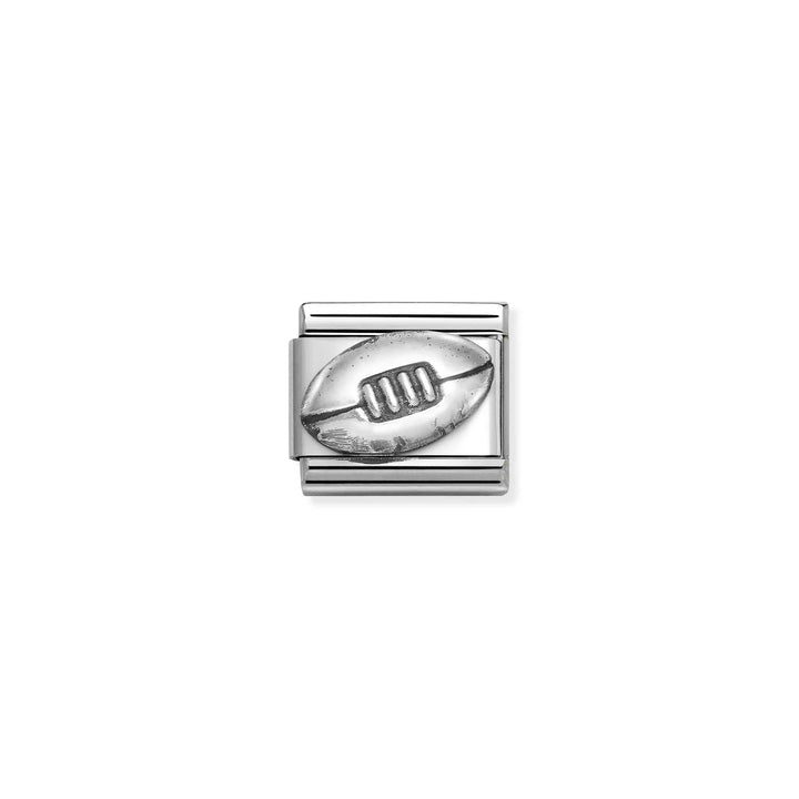 Niche Jewellery Nomination silver oxidised rugby ball charm for a classic composable bracelet.