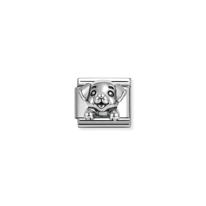Niche Jewellery Nomination silver oxidised dog charm featuring a detailed puppy design on a stainless steel link.