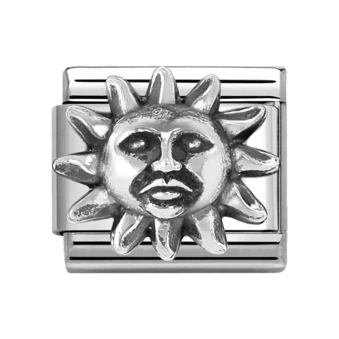 Niche Jewellery Nomination silver oxidised sun charm in stainless steel with a detailed celestial face design.