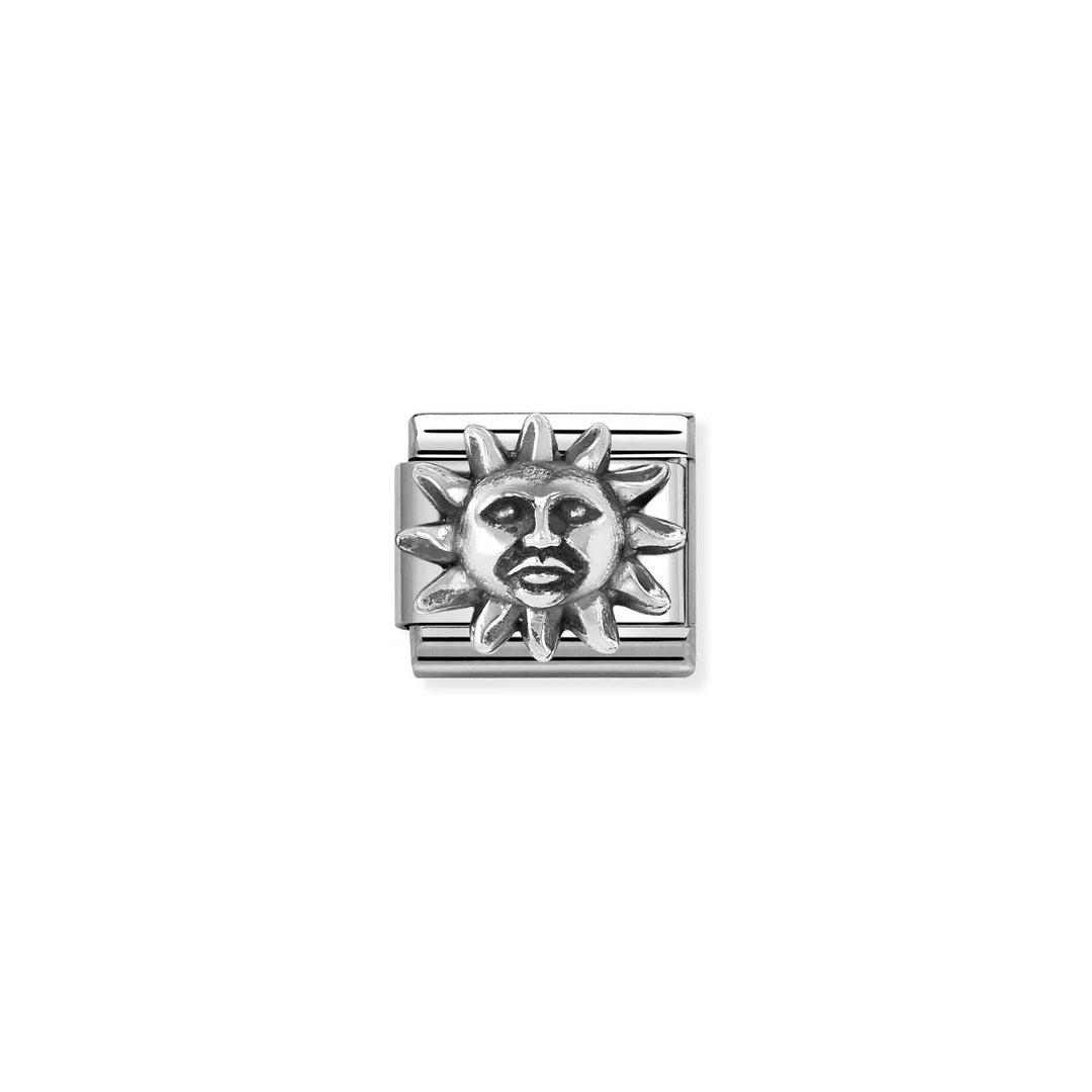 Niche Jewellery Nomination silver oxidised sun charm in stainless steel with a detailed celestial face design.