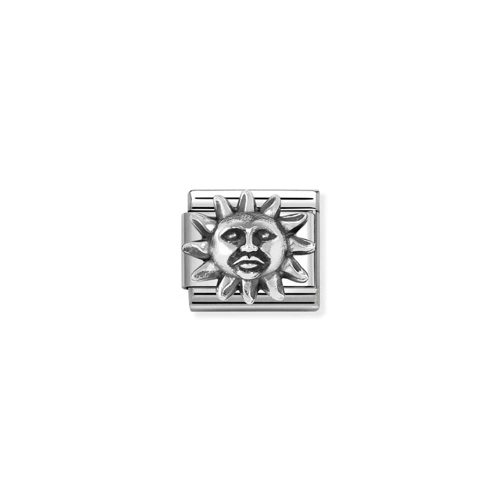Niche Jewellery Nomination silver oxidised sun charm in stainless steel with a detailed celestial face design.
