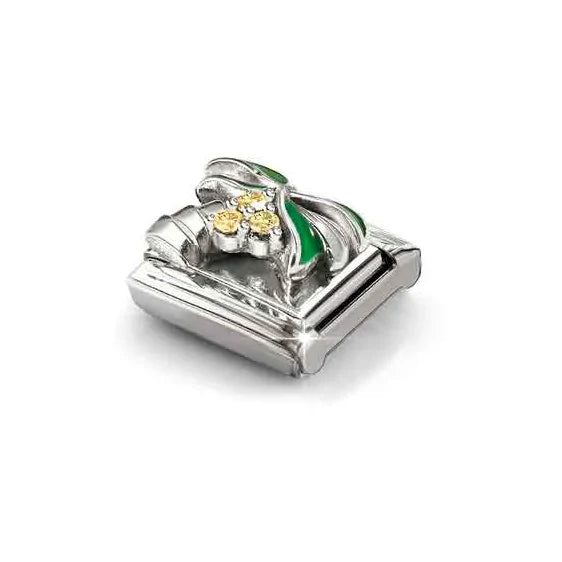 Niche Jewellery Nomination silver charm featuring a green enamel palm tree with yellow cubic zirconia stones.