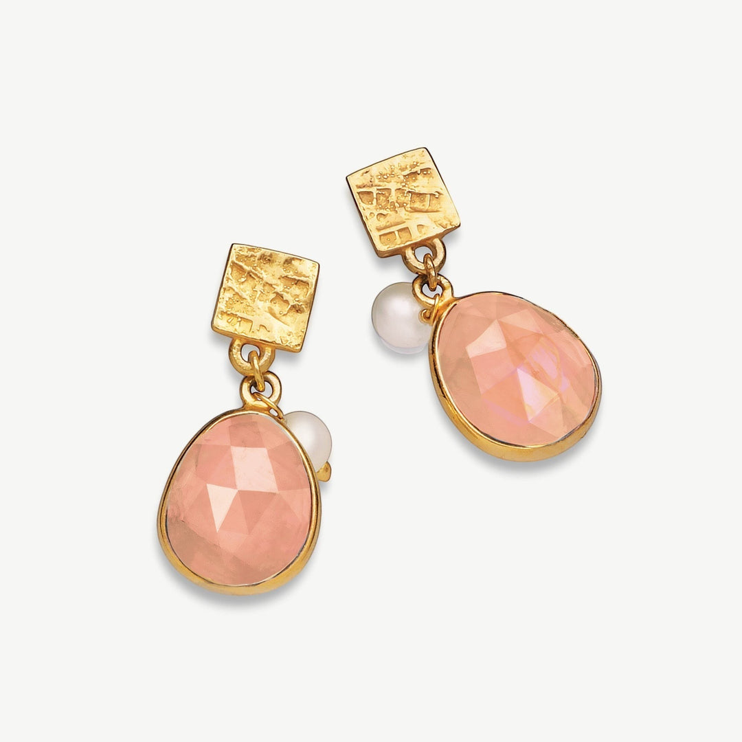 Niche Jewellery Sarah Alexander Sunset Vibes earrings with faceted peach moonstone, pearls, and 18ct gold-plated charms.