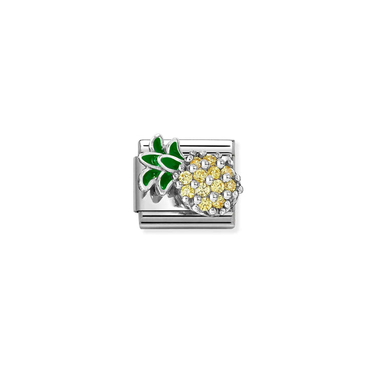 Niche Jewellery silver charm featuring a yellow cubic zirconia pineapple with green enamel leaves on a steel link.