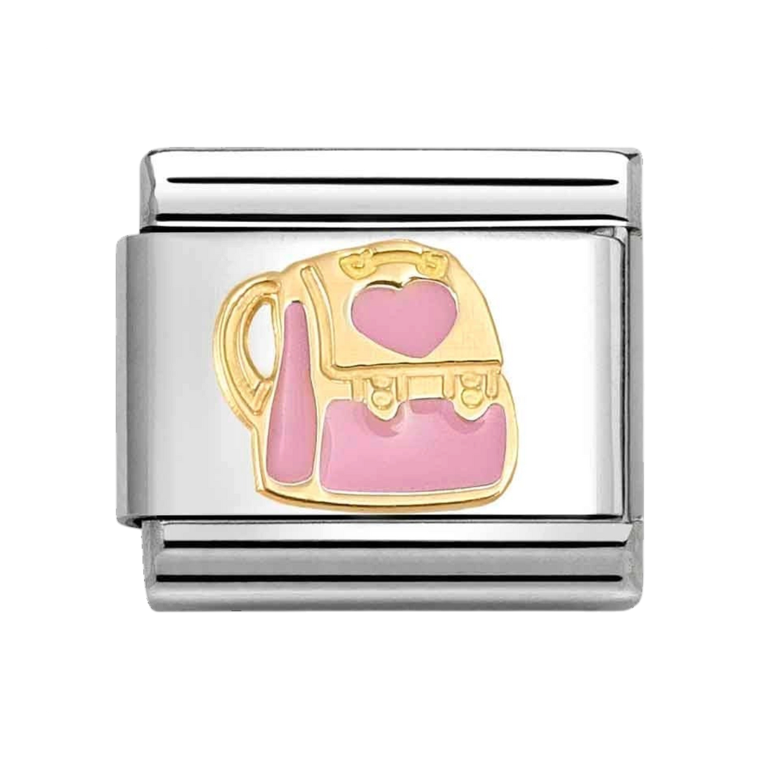 Niche Jewellery Nomination charm featuring a pink enamel backpack with a gold heart on a stainless steel link.