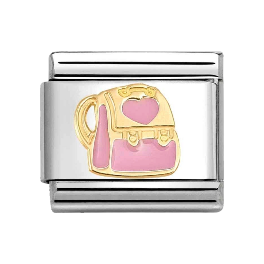 Niche Jewellery Nomination charm featuring a pink enamel backpack with a gold heart on a stainless steel link.