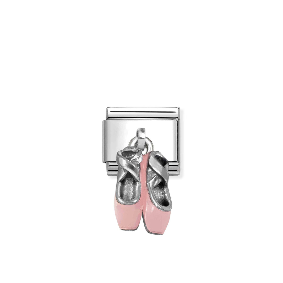 Niche Jewellery Nomination charm featuring pink enamel ballet shoes in sterling silver and stainless steel