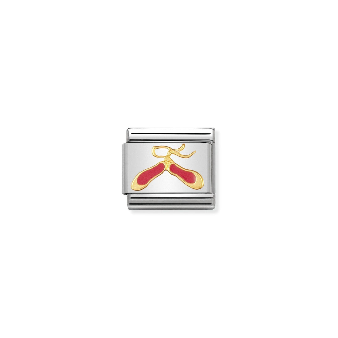 Niche Jewellery stainless steel charm with 18k gold ballet slippers in pink enamel and gold ribbons.