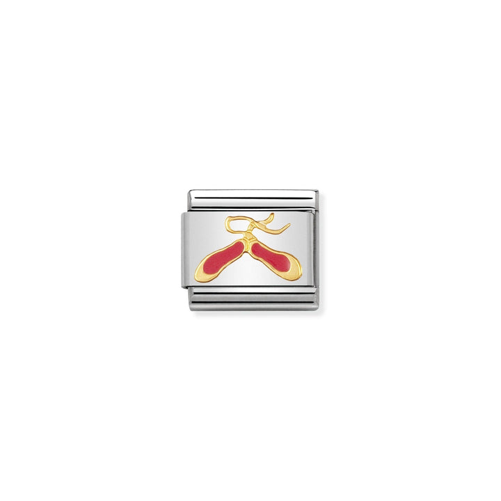 Niche Jewellery stainless steel charm with 18k gold ballet slippers in pink enamel and gold ribbons.