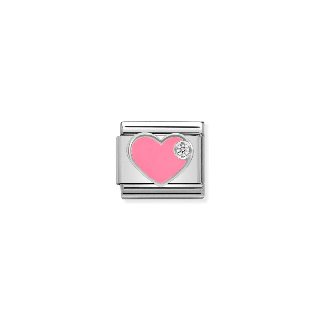 Niche Jewellery Nomination silver link charm featuring a pink enamel heart and a sparkling cubic zirconia stone.