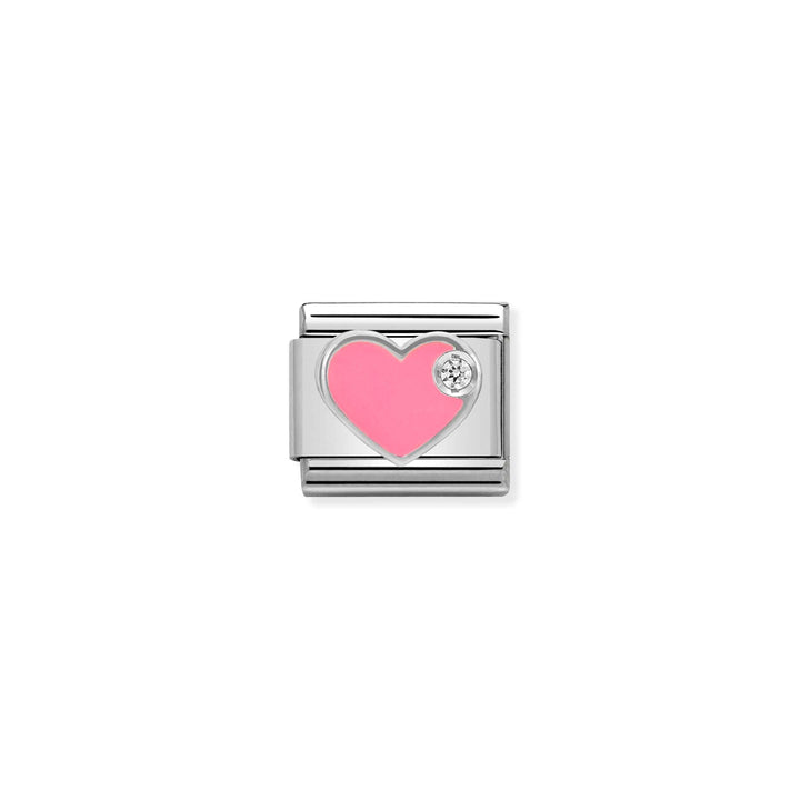 Niche Jewellery Nomination silver link charm featuring a pink enamel heart and a sparkling cubic zirconia stone.