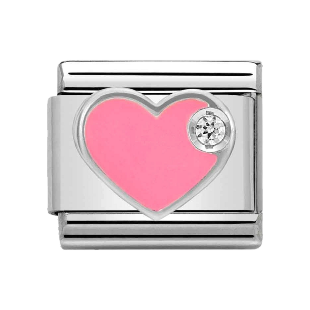 Niche Jewellery Nomination silver link charm featuring a pink enamel heart and a sparkling cubic zirconia stone.