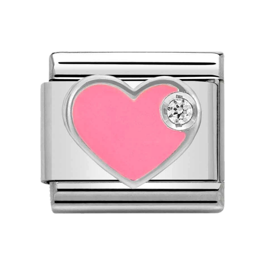 Niche Jewellery Nomination silver link charm featuring a pink enamel heart and a sparkling cubic zirconia stone.
