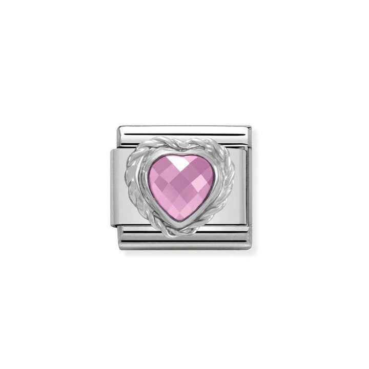 Niche Jewellery silver charm with a pink faceted heart-shaped zirconia stone and a twisted rope-effect border.