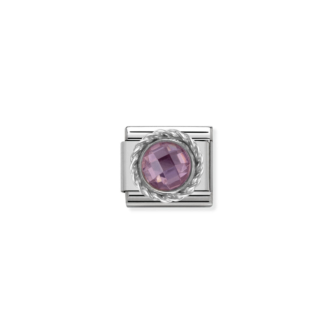 Niche Jewellery silver charm with a round, faceted pink zirconia stone set in a twisted silver frame.