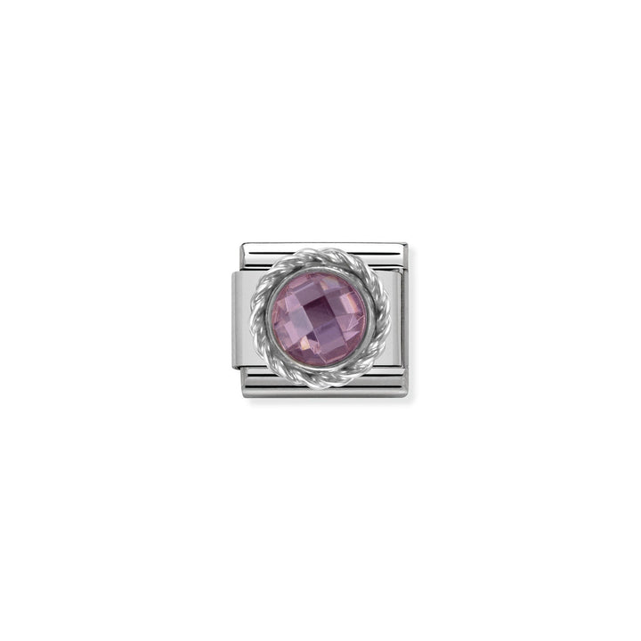 Niche Jewellery silver charm with a round, faceted pink zirconia stone set in a twisted silver frame.