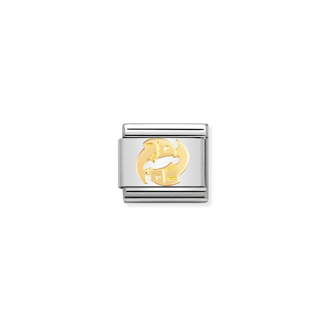 Niche Jewellery stainless steel and 18k gold Pisces zodiac charm with two fish symbol.