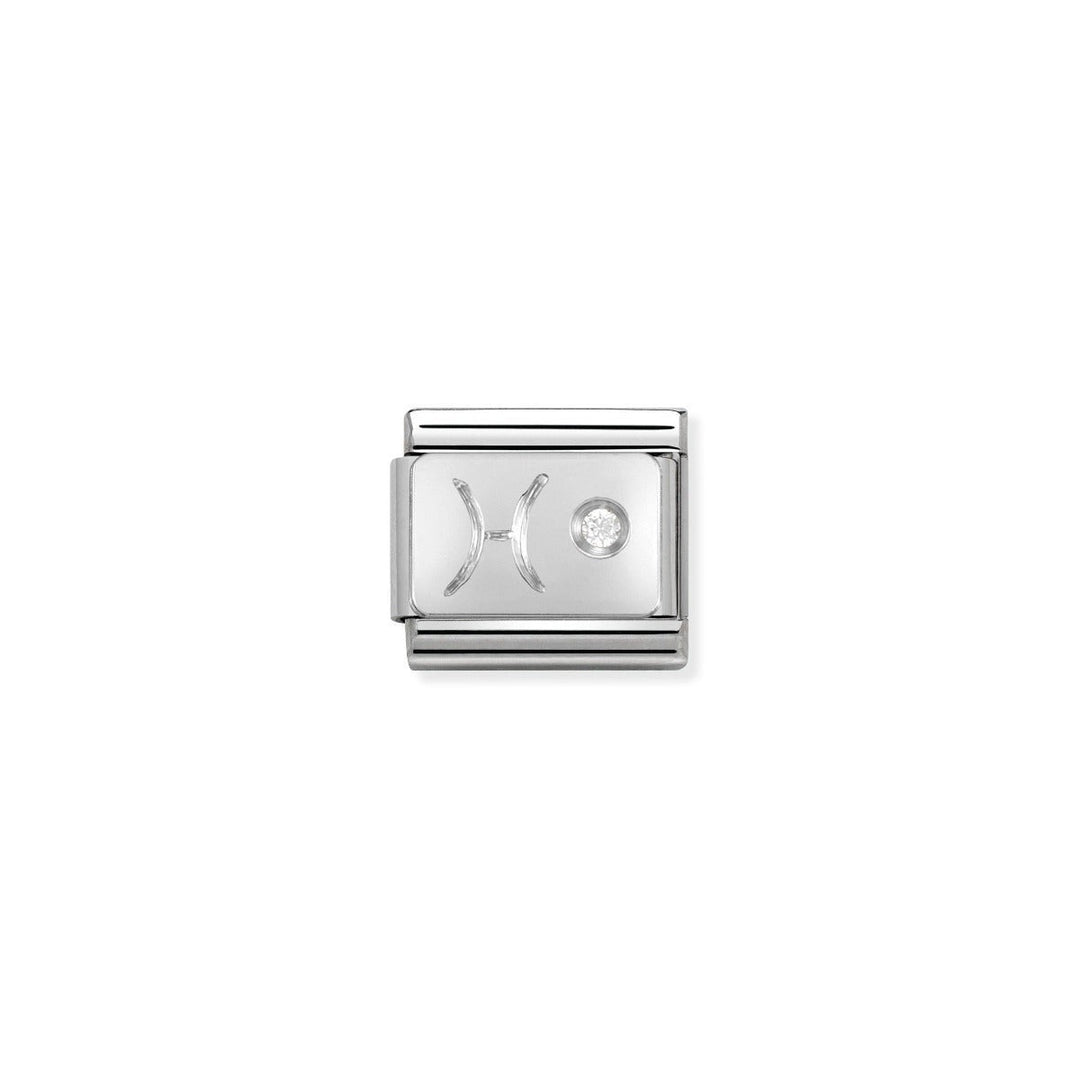 Niche Jewellery silver Pisces zodiac charm with cubic zirconia detail. Stainless steel and sterling silver construction.