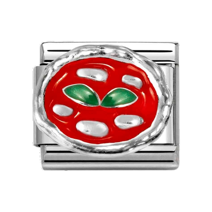 Niche Jewellery Nomination silver charm featuring a red enamel pizza design with green basil leaves on a steel link.