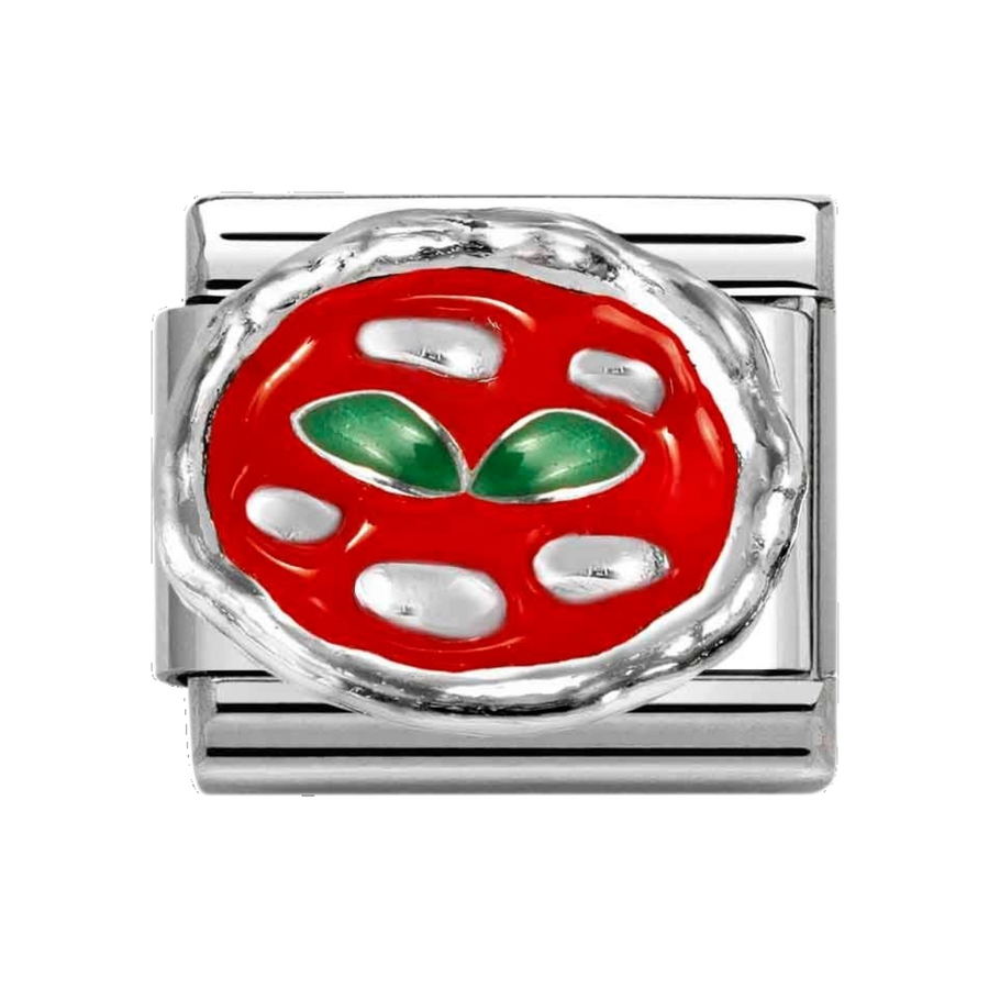 Niche Jewellery Nomination silver charm featuring a red enamel pizza design with green basil leaves on a steel link.