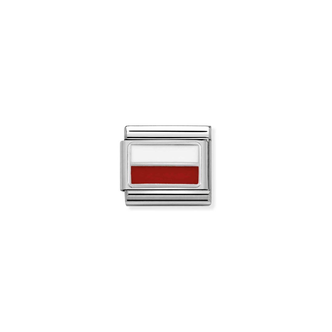 Niche Jewellery Nomination Poland flag charm in white and red enamel on a stainless steel and sterling silver link.