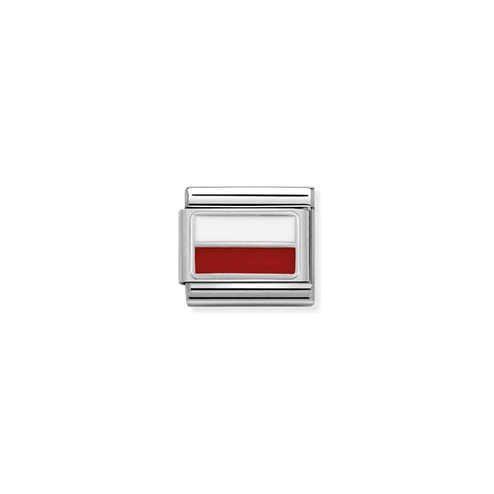 Niche Jewellery Nomination Poland flag charm in white and red enamel on a stainless steel and sterling silver link.