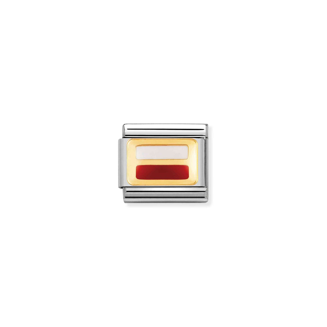Niche Jewellery Nomination charm featuring the Polish flag in red and white enamel with 18k gold and stainless steel.