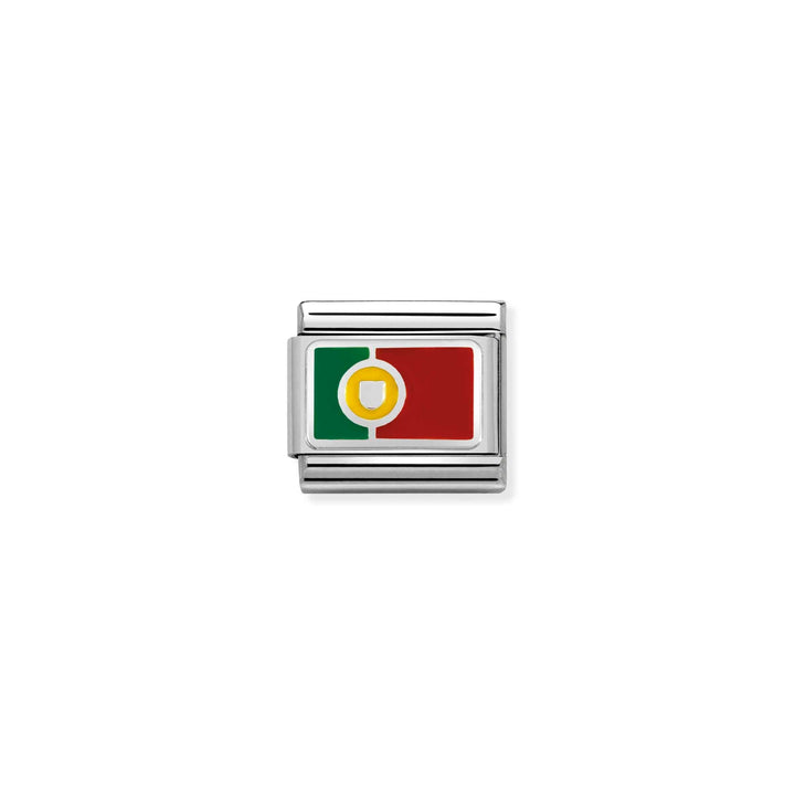 Niche Jewellery Nomination charm featuring the Portugal flag in red and green enamel on stainless steel and silver.