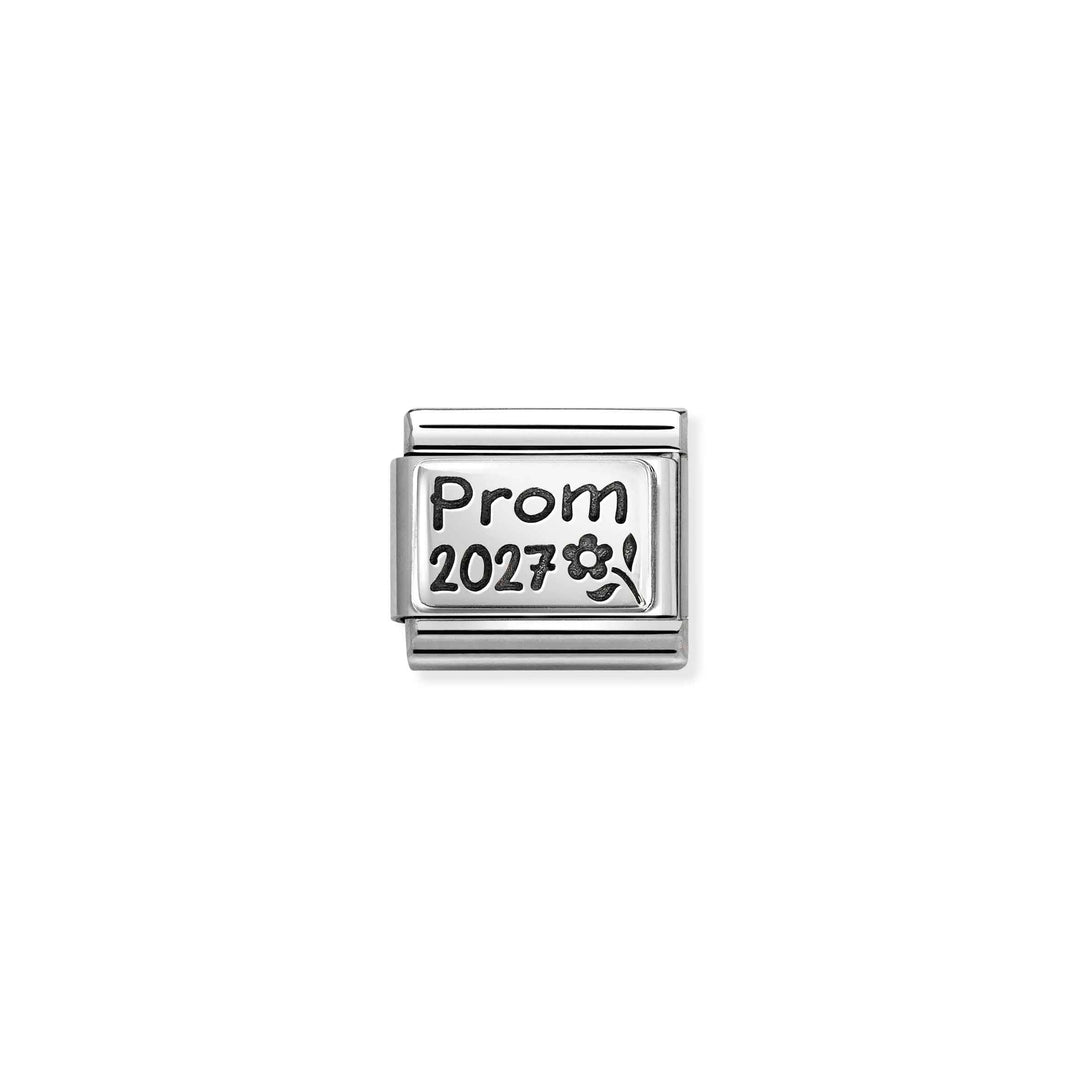 Niche Jewellery Nomination stainless steel charm with oxidised silver Prom 2027 engraving and flower detail