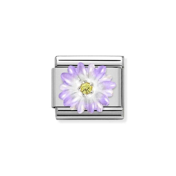 Niche Jewellery silver charm with a purple enamel flower and yellow zirconia centre, designed for Nomination charm bracelets.