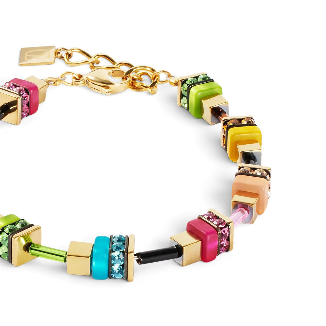 Niche Jewellery Coeur De Lion rainbow GeoCUBE bracelet with colourful polaris cubes, Swarovski crystals and gold tone